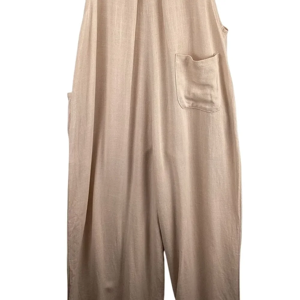 Miss Sparkling Wide Leg Jumpsuit Small Beige Linen Blend BOHO Wide Leg Flowy - Picture 10 of 13